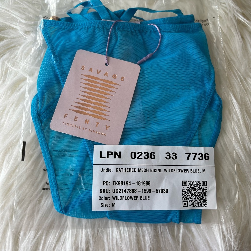 Savage X Fenty Wildflower Blue Gathered Mesh Bikini Panty
